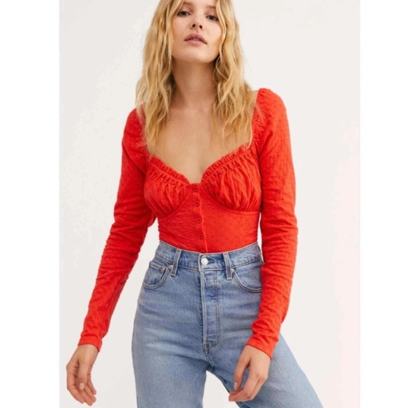 Free People Ladybug Long Sleeve Cropped Top Small Red - Picture 1 of 9